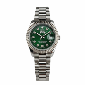 Silver Chain With Silver Design Green Dial Date-Day