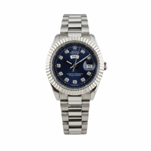 Silver Chain With Silver Design Blue Dial Date-Time