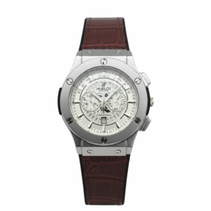 Dark Brown Belt Texture With Silver Outer With White Dial